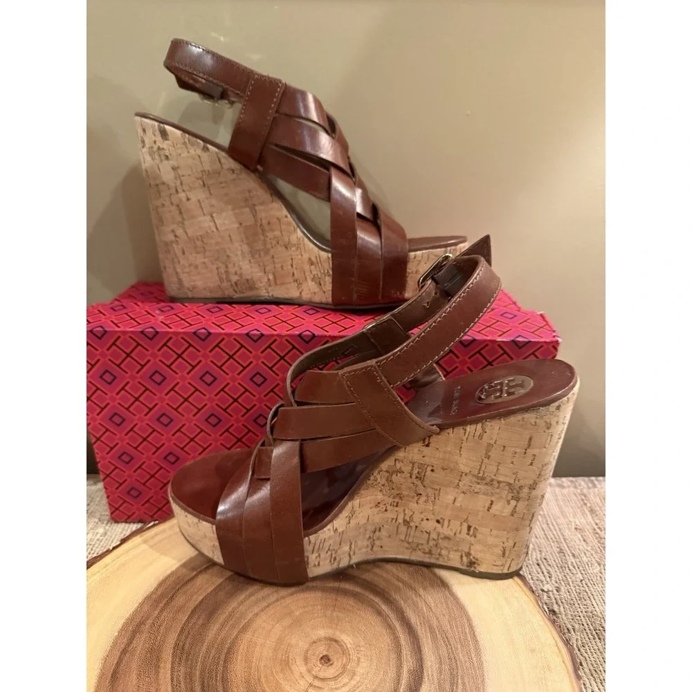 Tory Burch Ace Women's Brown Sienna Leather Buckle Wedge High Heel Sandals 8.5‎